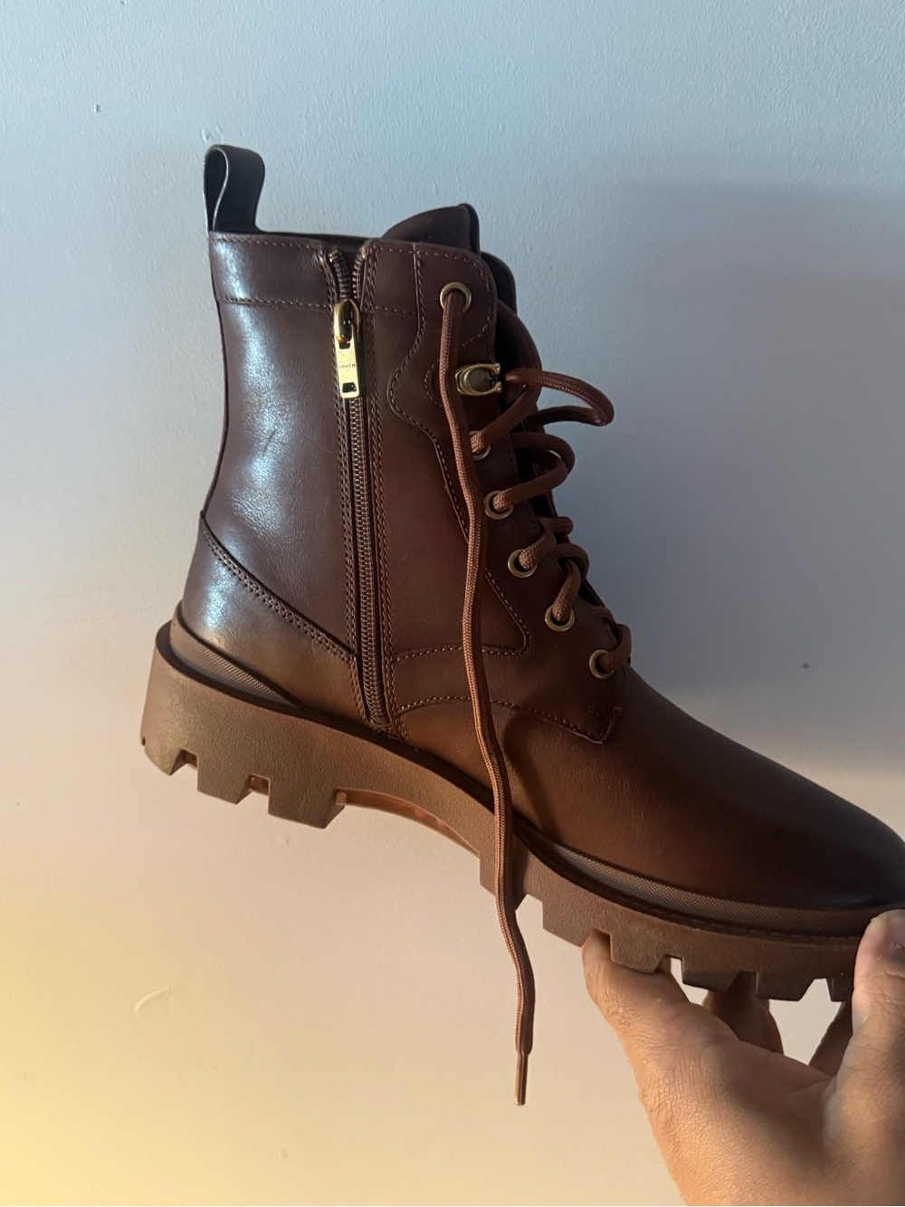 Coach Brown Lace-Up Lug Sole Combat Boot